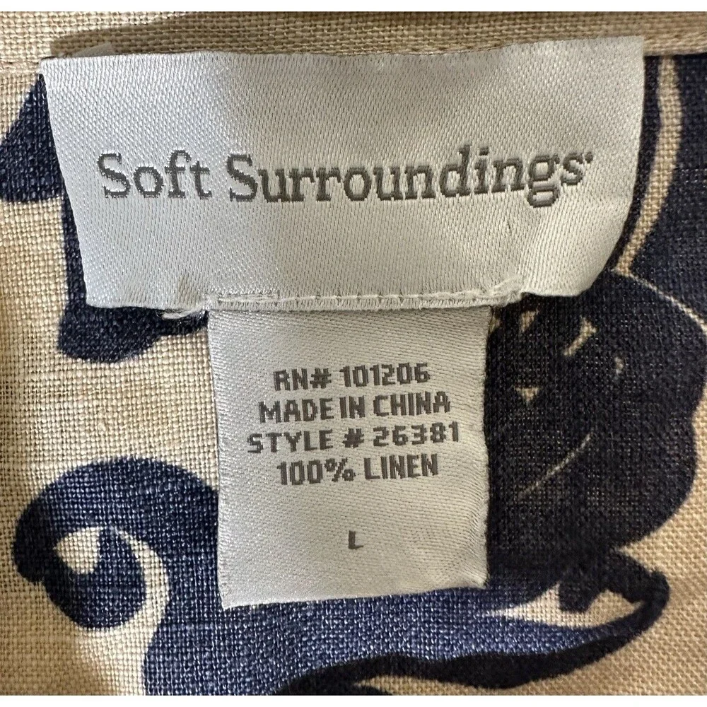 Soft Surroundings Linen Blend Floral Hawaiian Shirt Beige Navy Women L